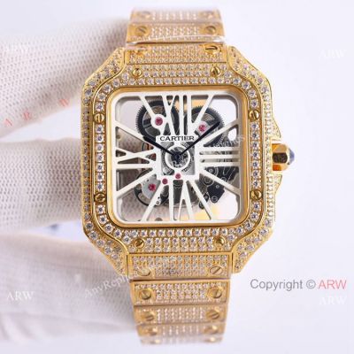 Luxury Cartier Santos 100 Bust Down Watch White Skeleton Yellow Gold Diamond Pave